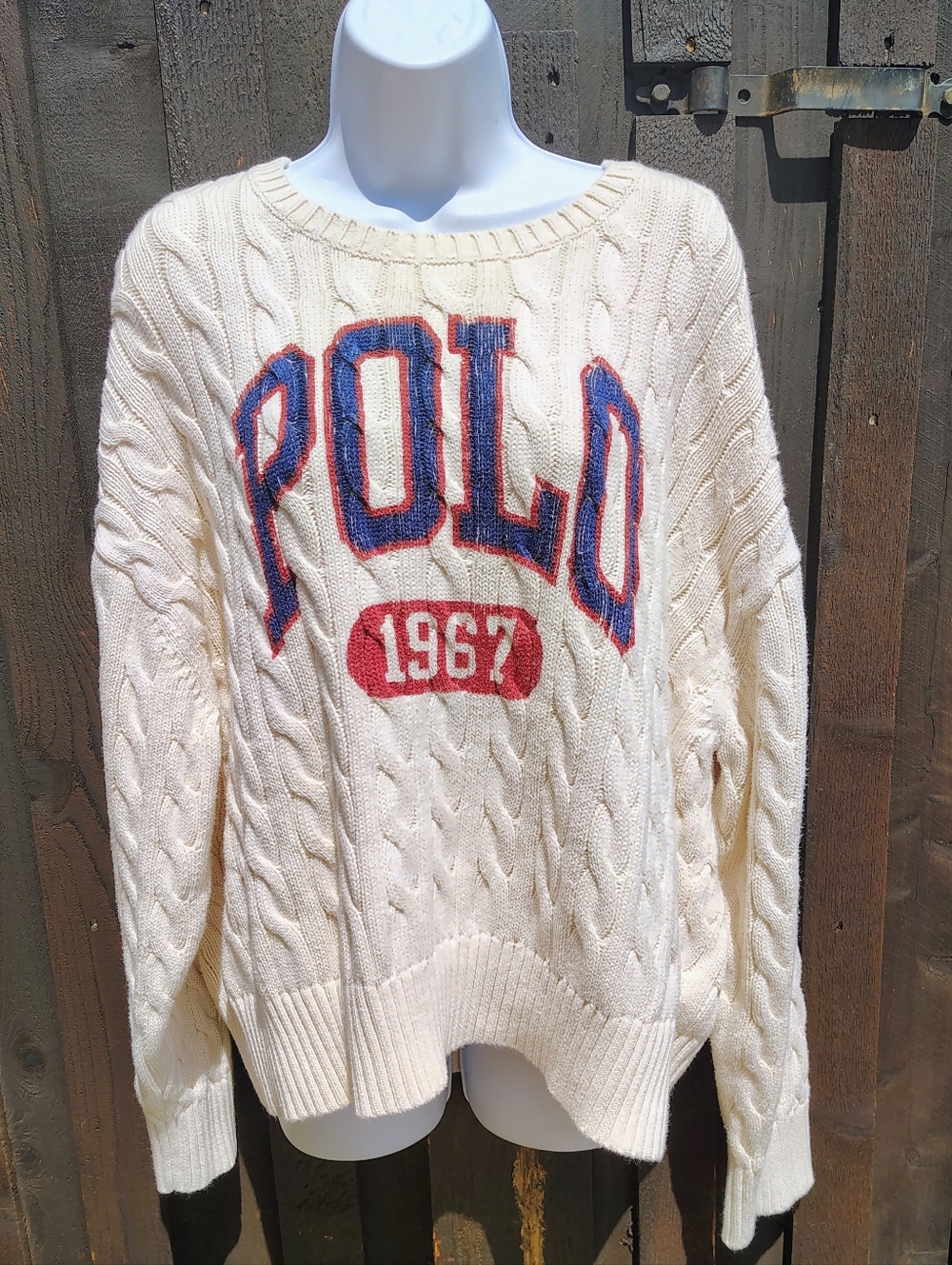 Polo by Ralph Lauren Cream Cable-Knit Sweater with Red & Blue Logo